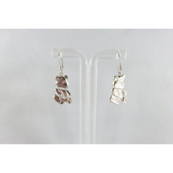 Adorable Pressed Sterling Bear Dangle Earrings Ear WIre 1 3/8" Drop - Picture 1 of 8